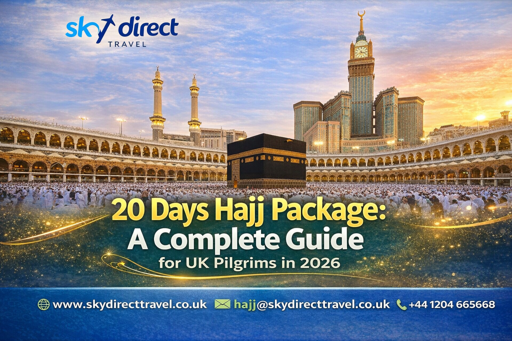 20 Days Hajj Package showing pilgrims gathered around the Kaaba at Masjid al-Haram in Makkah, highlighting a complete Hajj journey for UK pilgrims in 2026.