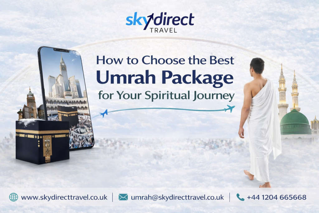 Best Umrah Package illustration showing a pilgrim in Ihram walking towards the Kaaba and Masjid al-Nabawi, symbolising a guided spiritual Umrah journey.