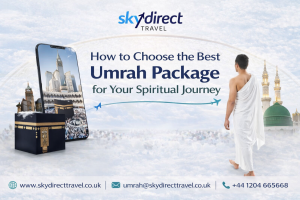 Best Umrah Package illustration showing a pilgrim in Ihram walking towards the Kaaba and Masjid al-Nabawi, symbolising a guided spiritual Umrah journey.
