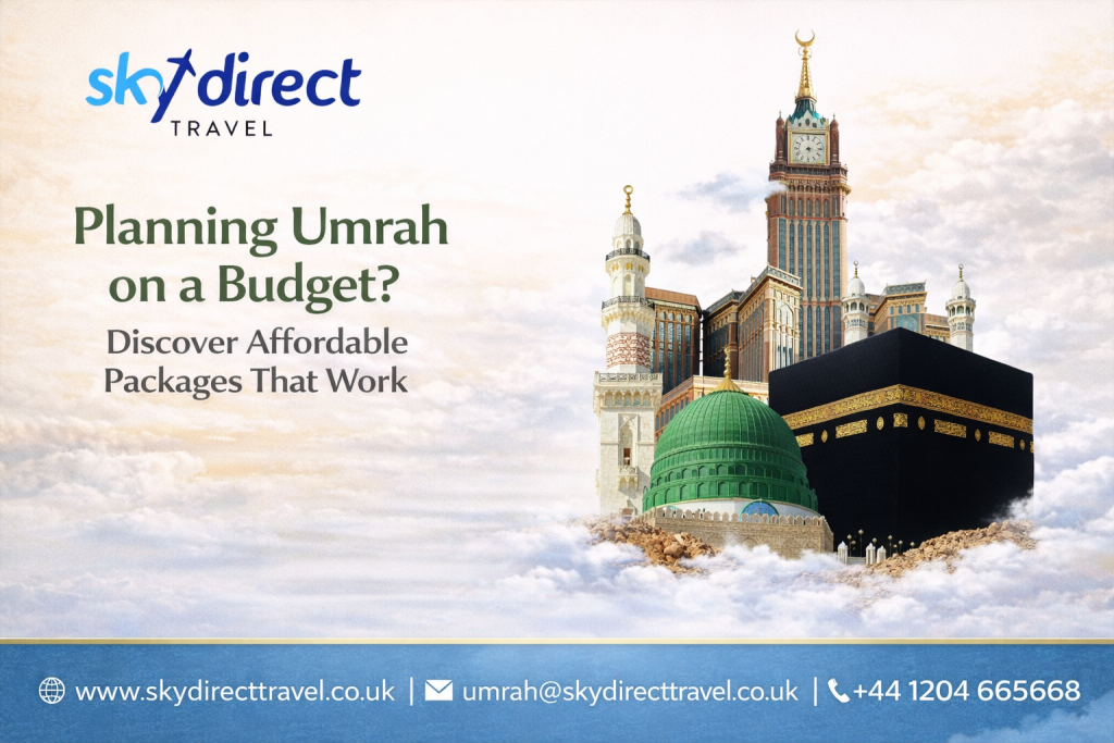 Affordable Umrah Package showing the Kaaba, Masjid al-Nabawi, and Makkah landmarks, representing budget-friendly Umrah travel options for pilgrims.