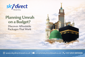 Affordable Umrah Package showing the Kaaba, Masjid al-Nabawi, and Makkah landmarks, representing budget-friendly Umrah travel options for pilgrims.