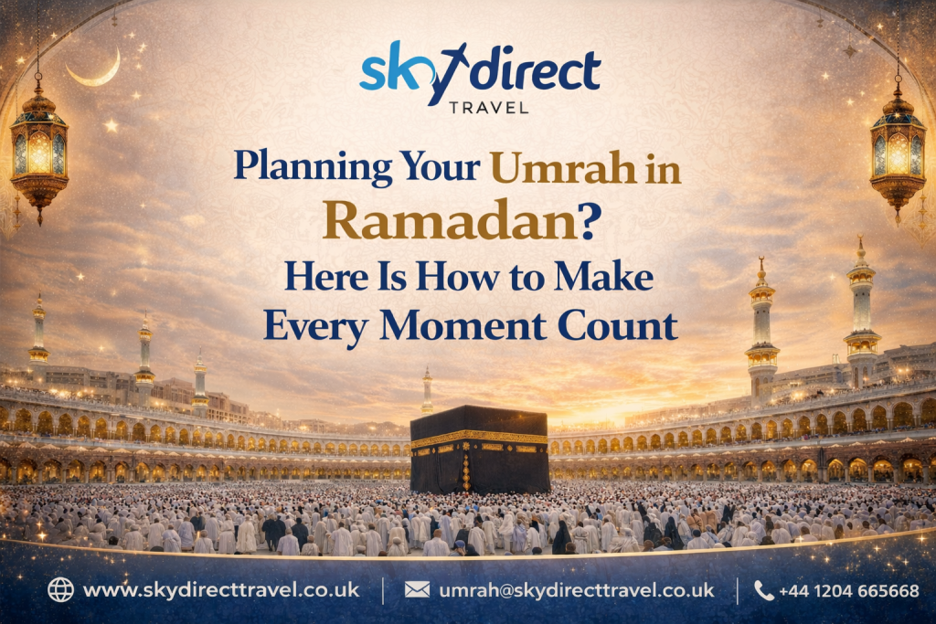 Umrah in Ramadan at Masjid al-Haram in Makkah, showing pilgrims performing Umrah around the Kaaba during the holy month.