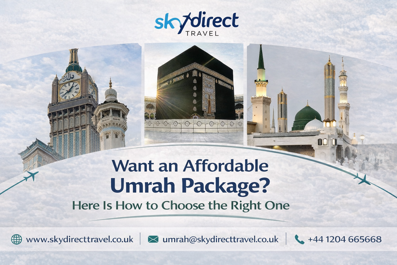 Affordable Umrah Package showcasing the Kaaba in Makkah, Masjid al-Nabawi in Madinah, and key pilgrimage landmarks for budget-friendly Umrah travel.