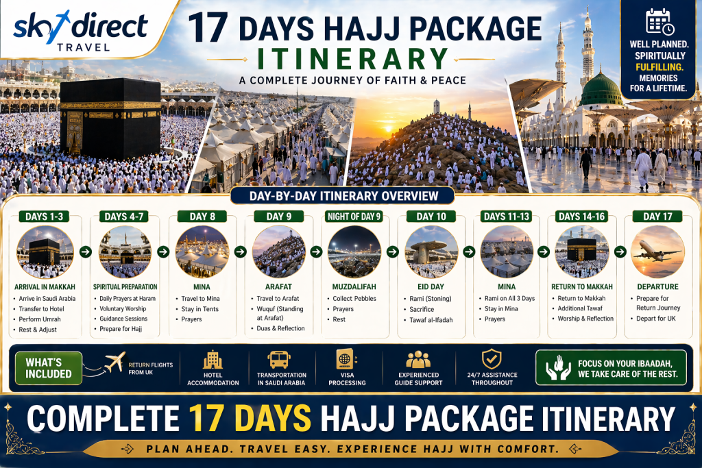 17 days hajj package itinerary UK pilgrims complete travel plan Makkah Mina Arafat