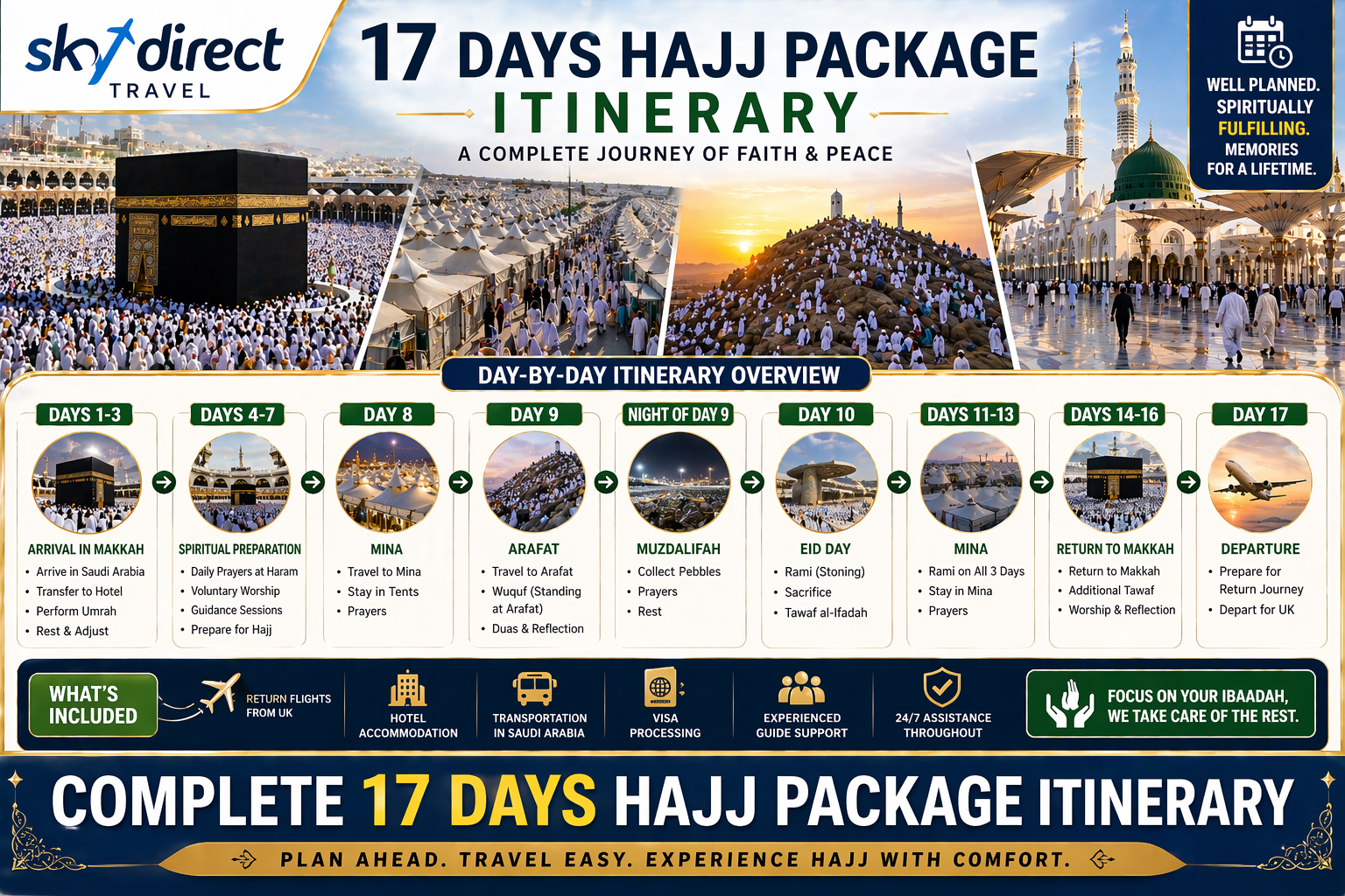 17 days hajj package itinerary UK pilgrims complete travel plan Makkah Mina Arafat